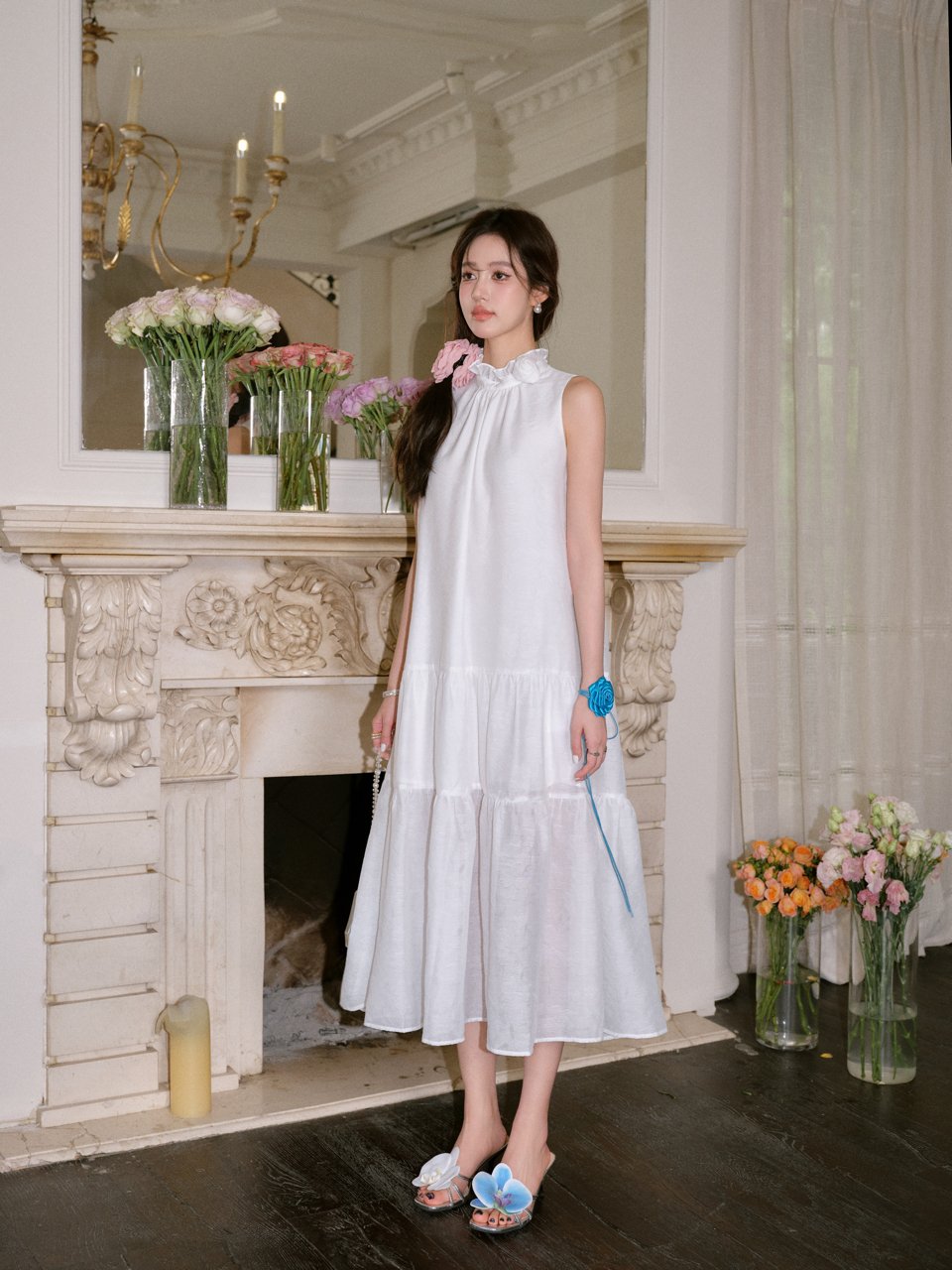 THREE QUARTERS White Crushed Floral Sleeveless Wood Earring Dress | MADA IN CHINA