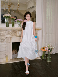 THREE QUARTERS White Crushed Floral Sleeveless Wood Earring Dress | MADA IN CHINA