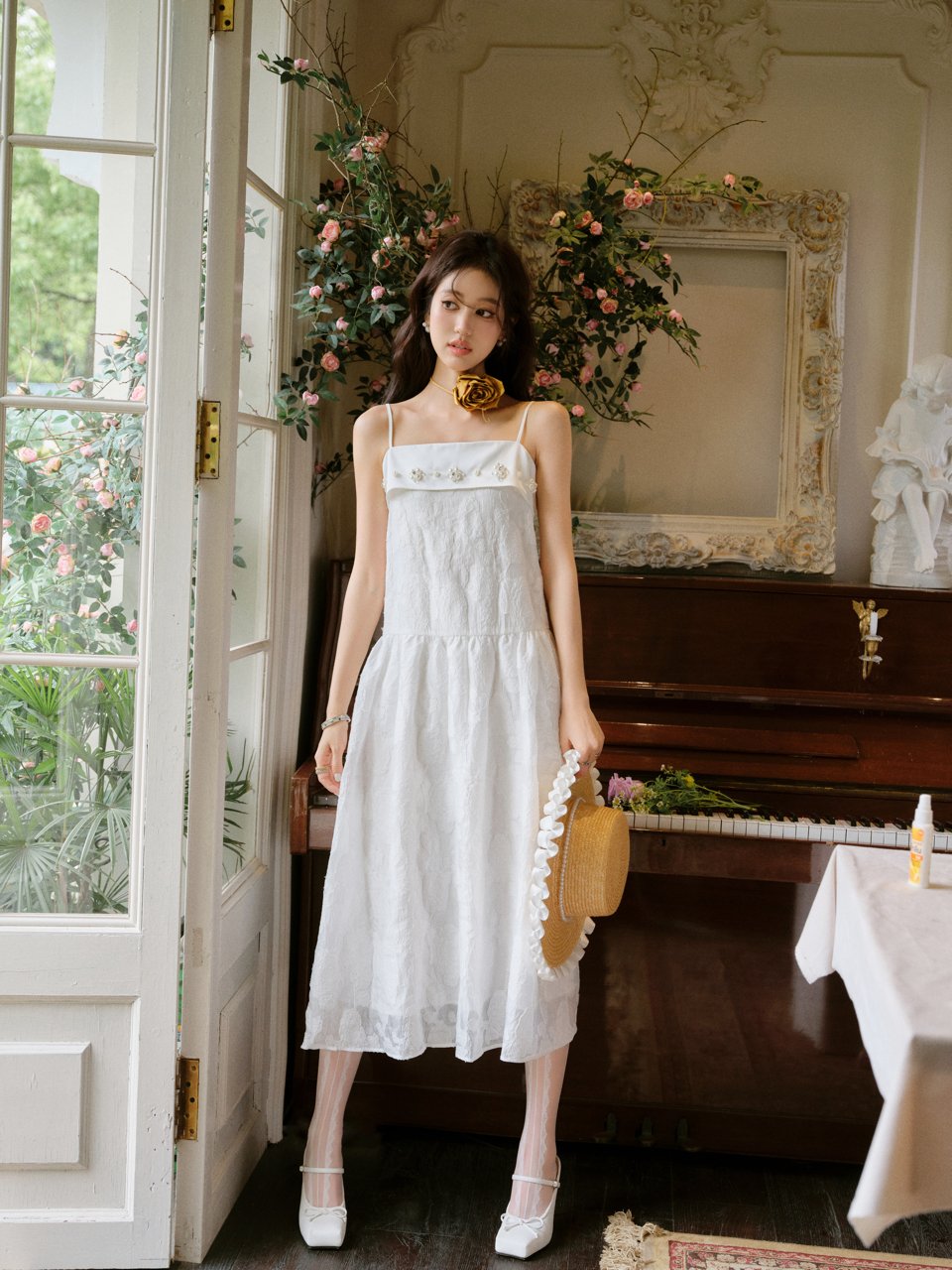 THREE QUARTERS White Cut Flower Hand - Sewn Pearl Flower Dress | MADA IN CHINA