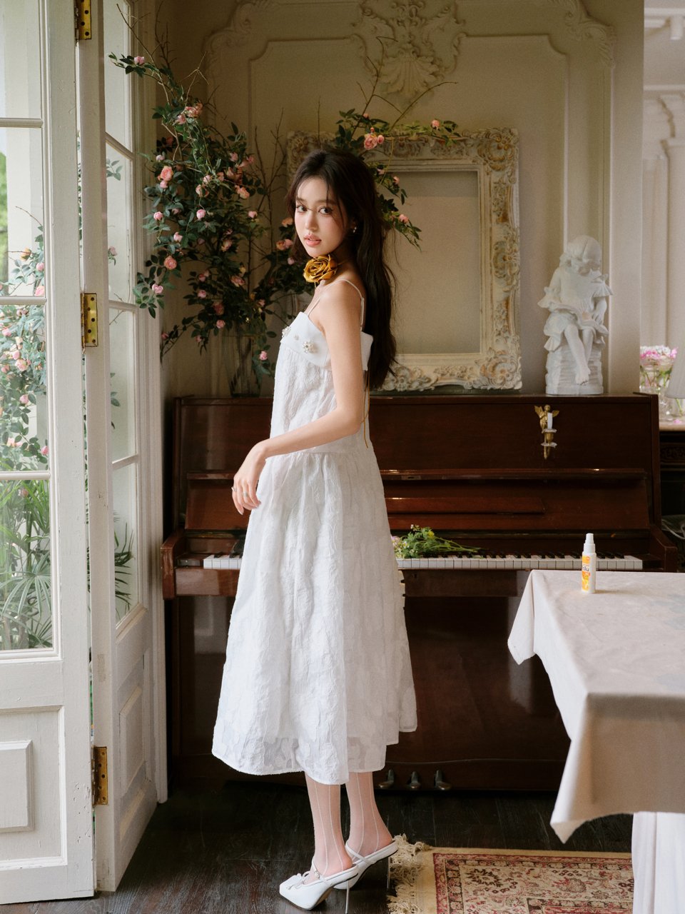 THREE QUARTERS White Cut Flower Hand - Sewn Pearl Flower Dress | MADA IN CHINA