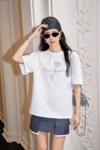 THREE QUARTERS White Full Star Rose Rhinestone Printed Washed T - Shirt | MADA IN CHINA