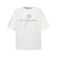 THREE QUARTERS White Full Star Rose Rhinestone Printed Washed T - Shirt | MADA IN CHINA