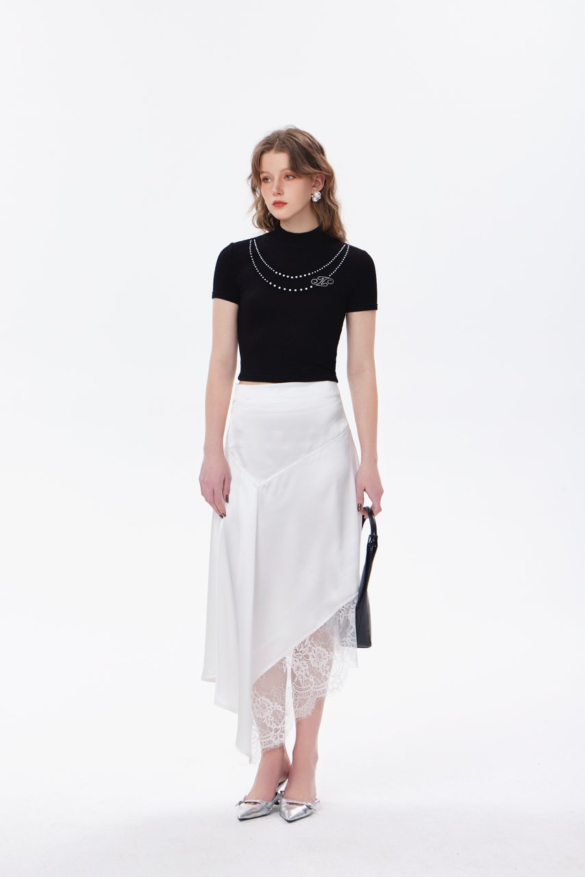 THREE QUARTERS White Lace Patchwork Irregular Half - Length Skirt | MADA IN CHINA