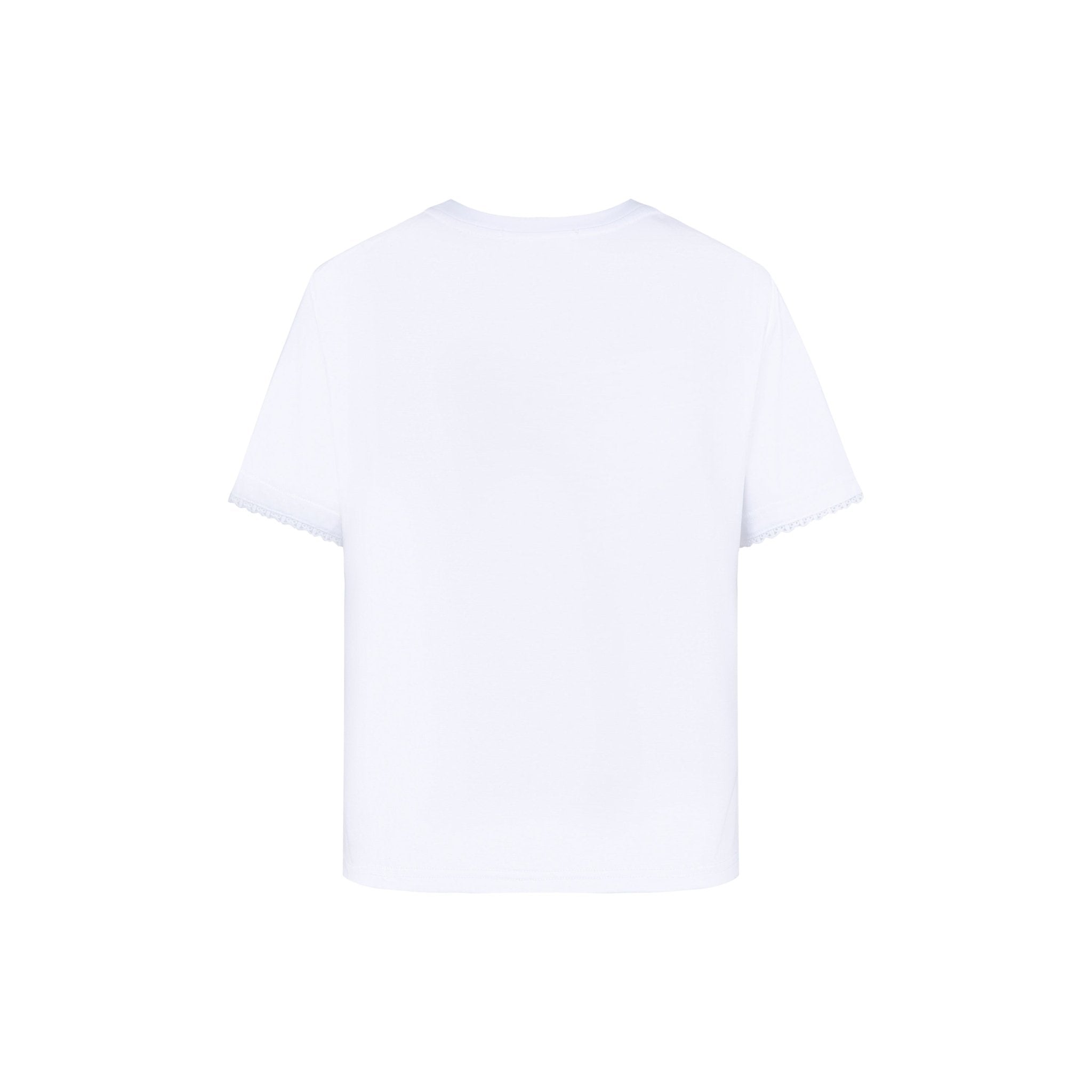 THREE QUARTERS White Love Heart Hot Rhinestone Logo Print Lace Cuff T - Shirt | MADA IN CHINA