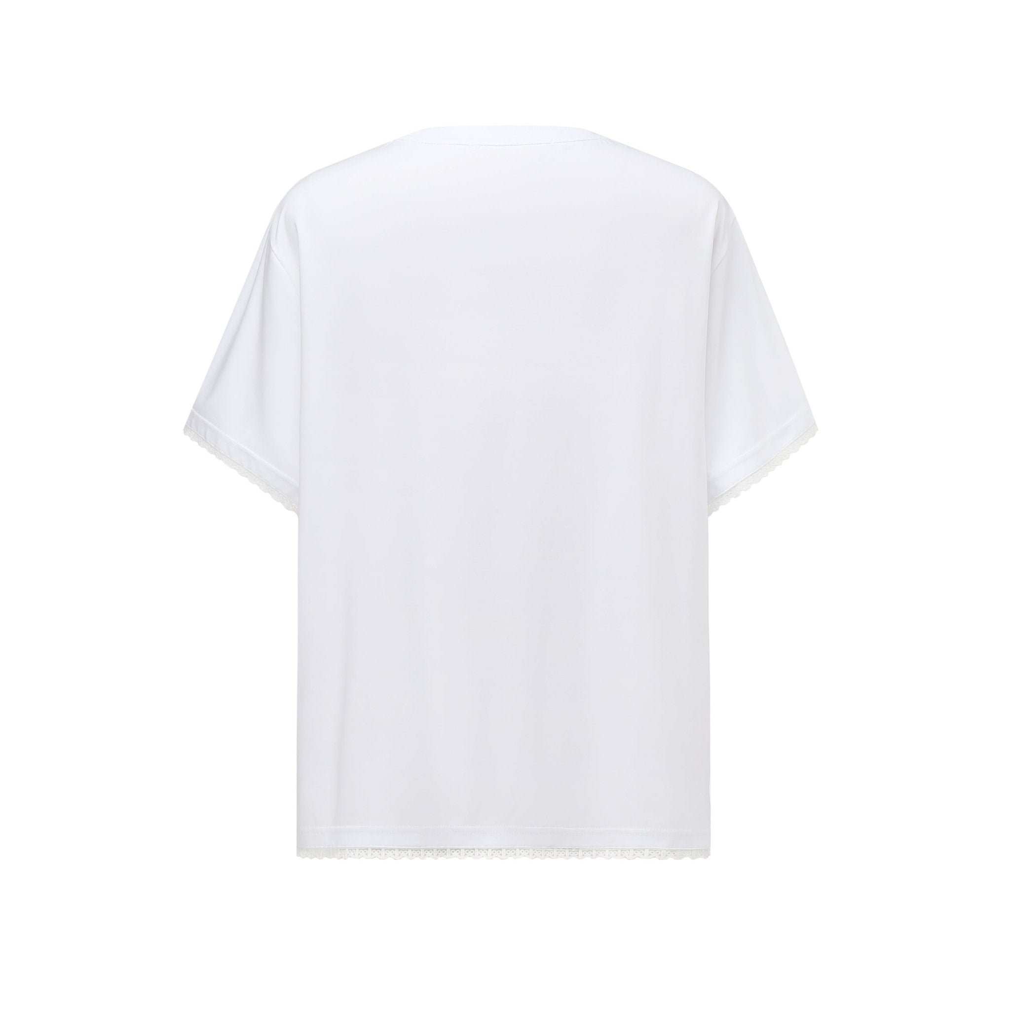 THREE QUARTERS White Pearl Bow Lace Embroidered T - Shirt | MADA IN CHINA