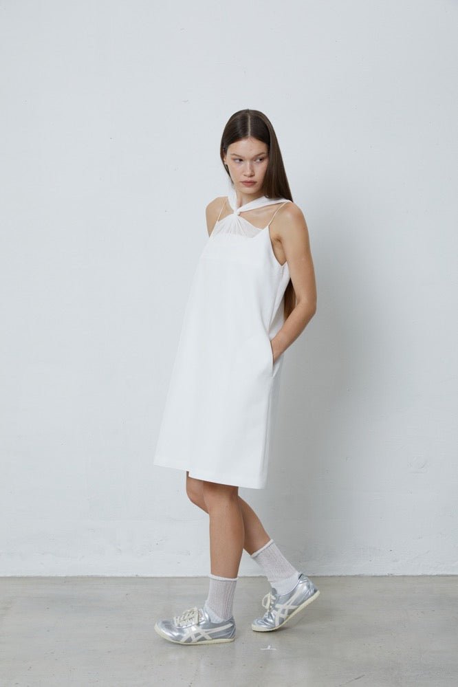 FENGYI TAN White Pintucked Beaded Tie Dress | MADA IN CHINA