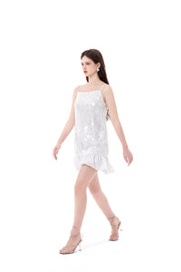 THREE QUARTERS White Sheer Toggle Bow A - Swing Halter Dress | MADA IN CHINA
