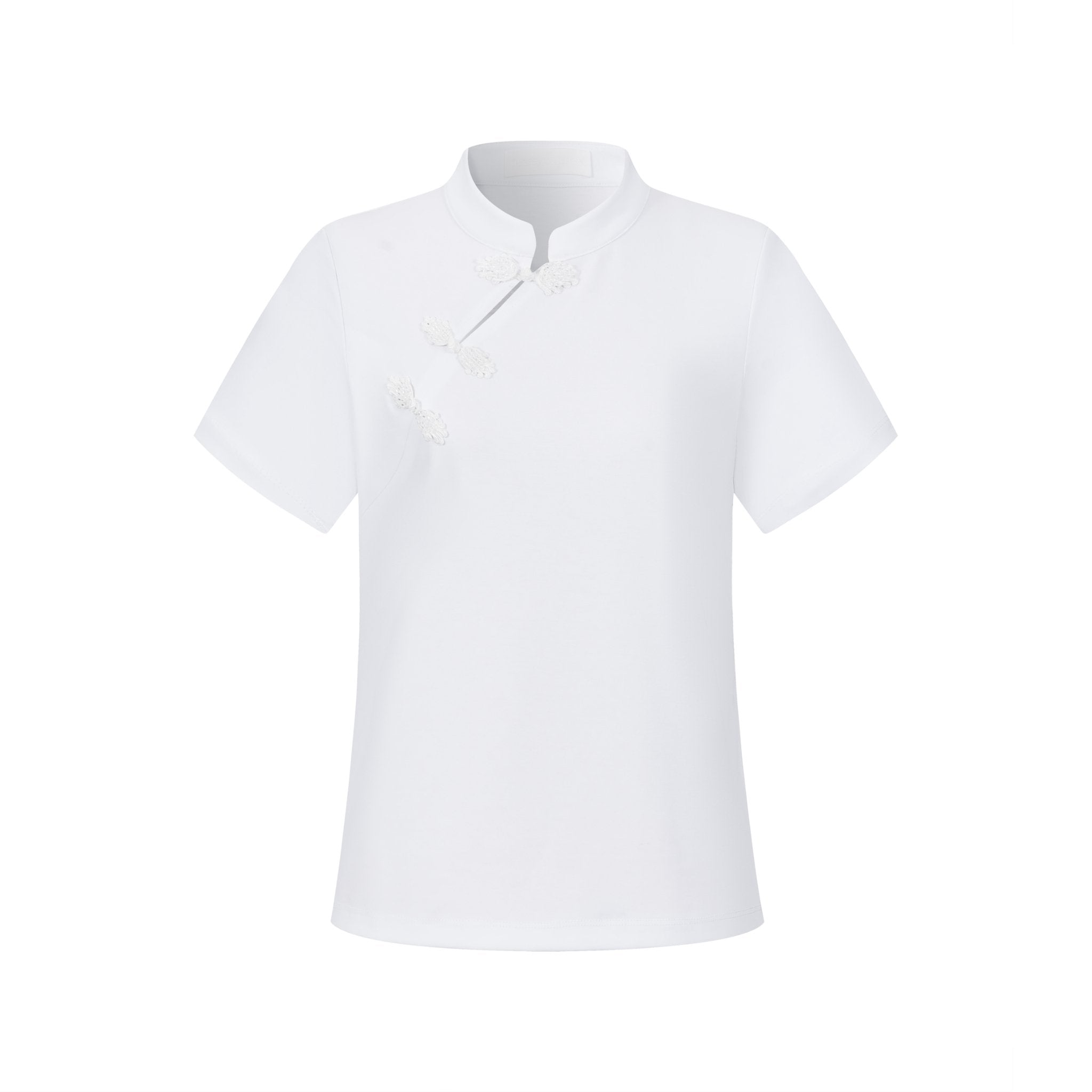 THREE QUARTERS White Vintage Standing Collar Slant Lapel Plate Button T - Shirt | MADA IN CHINA
