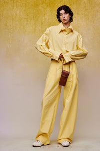 ilEWUOY Wrinkled Cotton Patchwork Waistband Pants in Yellow | MADA IN CHINA