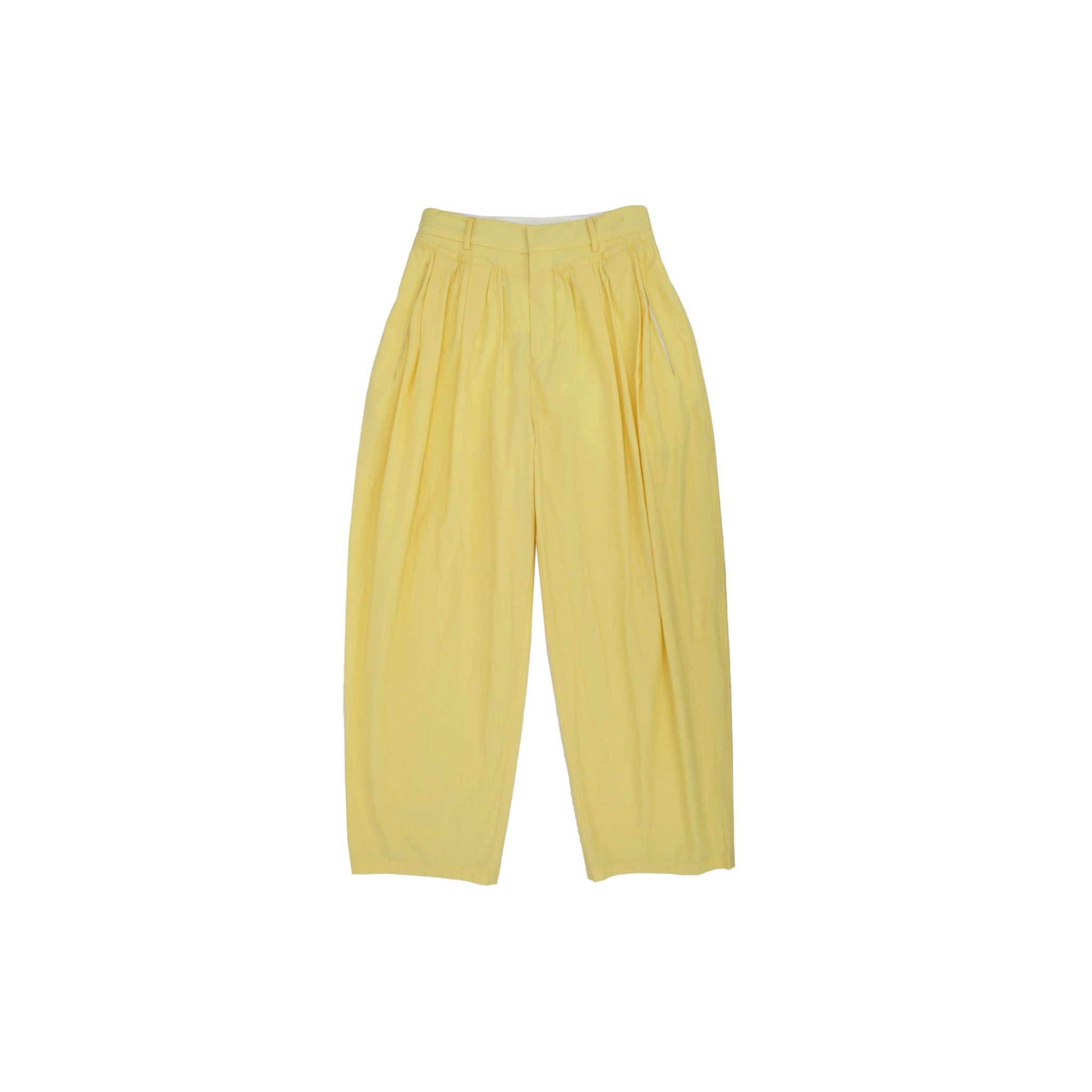ilEWUOY Wrinkled Cotton Patchwork Waistband Pants in Yellow | MADA IN CHINA