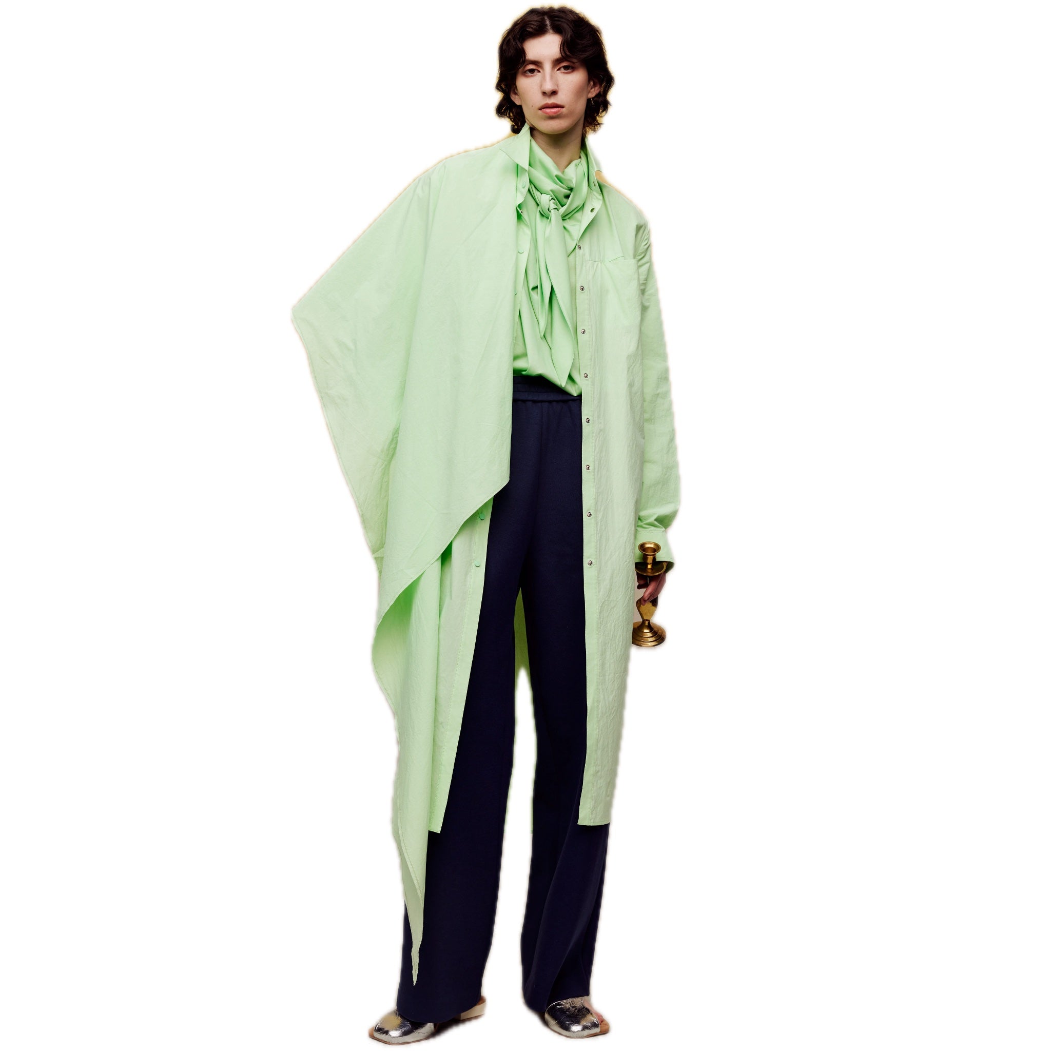 ilEWUOY Wrinkled Cotton Scarf Shirt Dress in Green | MADA IN CHINA