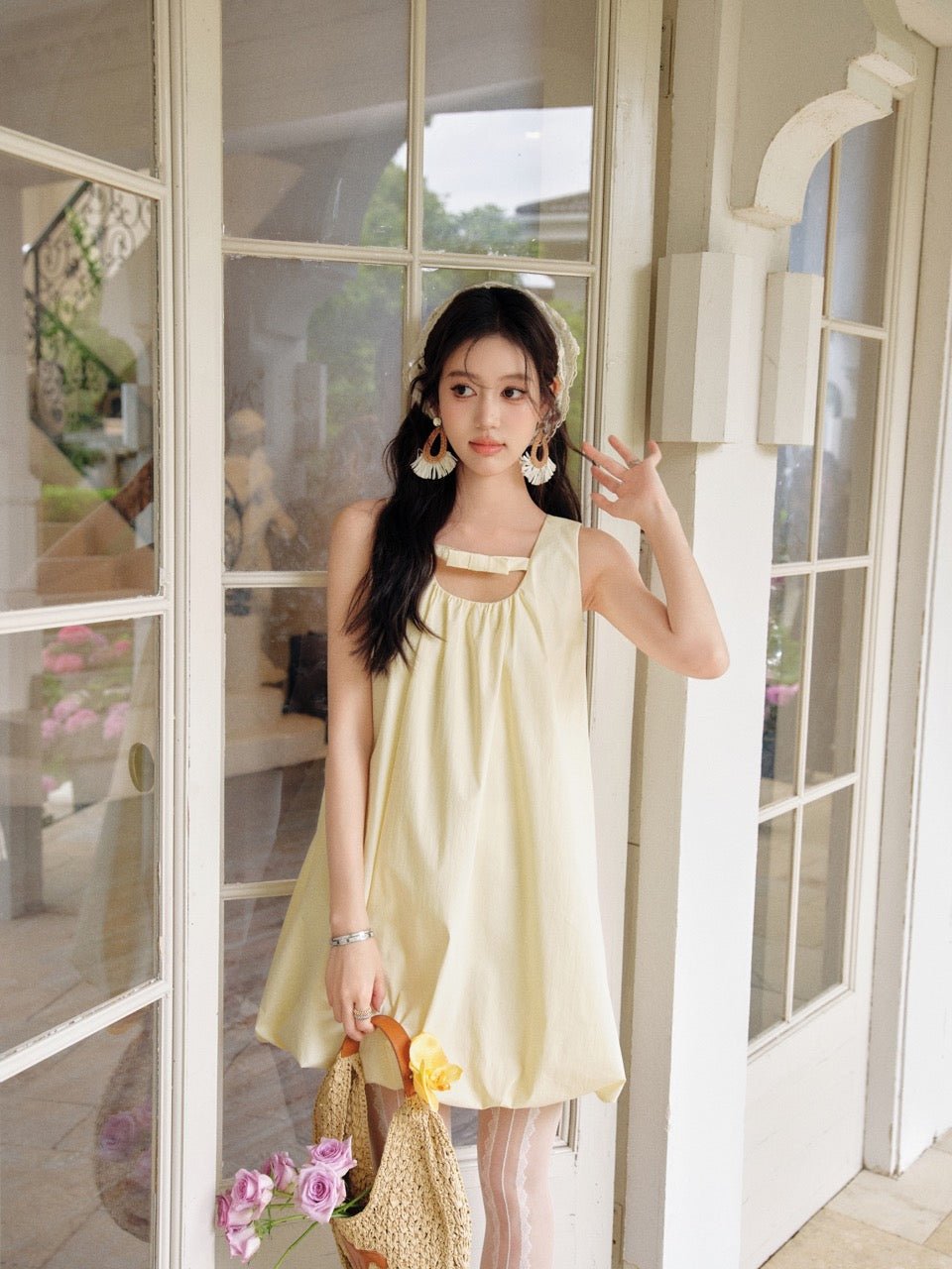 THREE QUARTERS Yellow A - Line Sleeveless Bowknot Floral Pod Dress | MADA IN CHINA