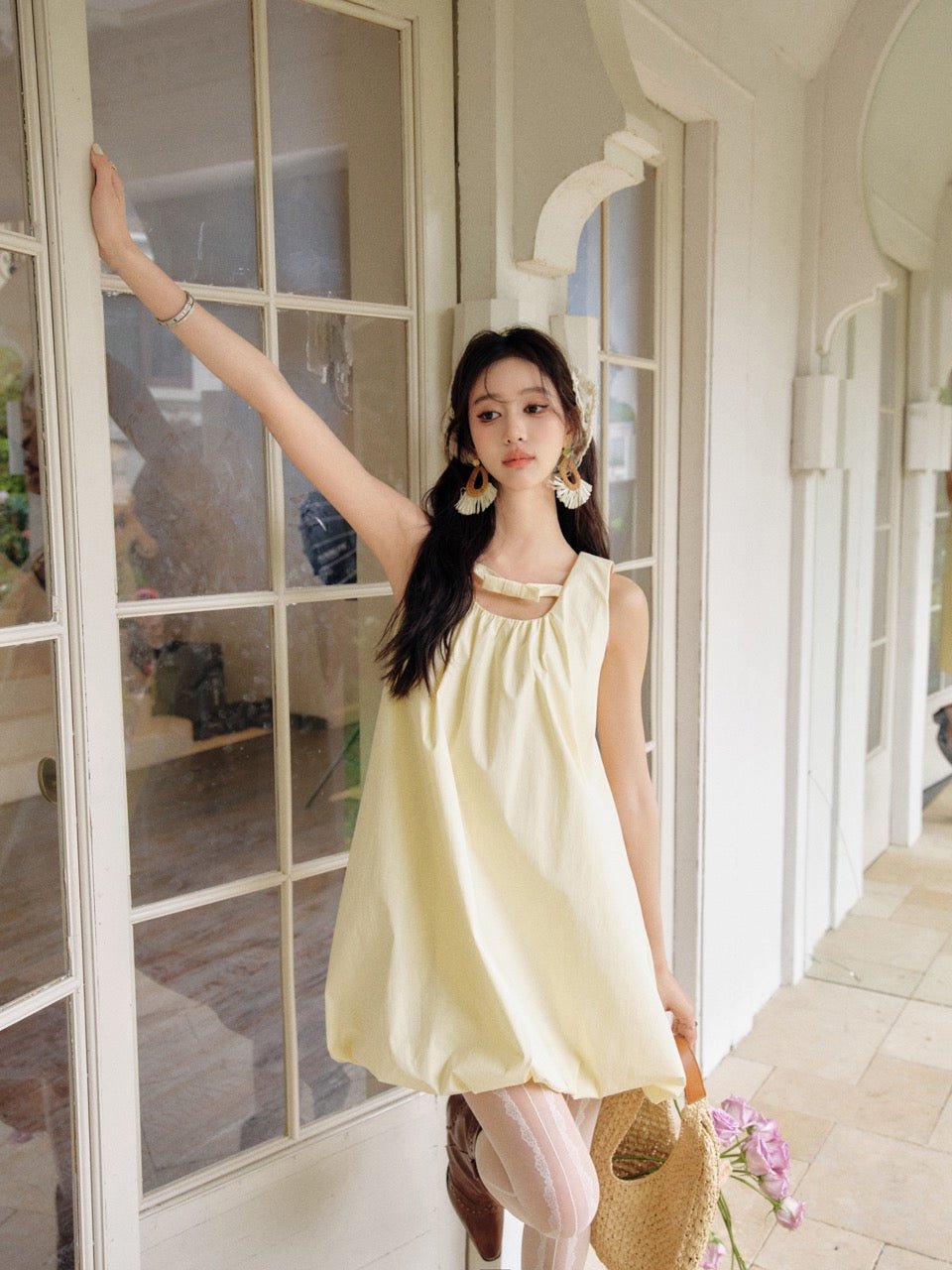 THREE QUARTERS Yellow A - Line Sleeveless Bowknot Floral Pod Dress | MADA IN CHINA
