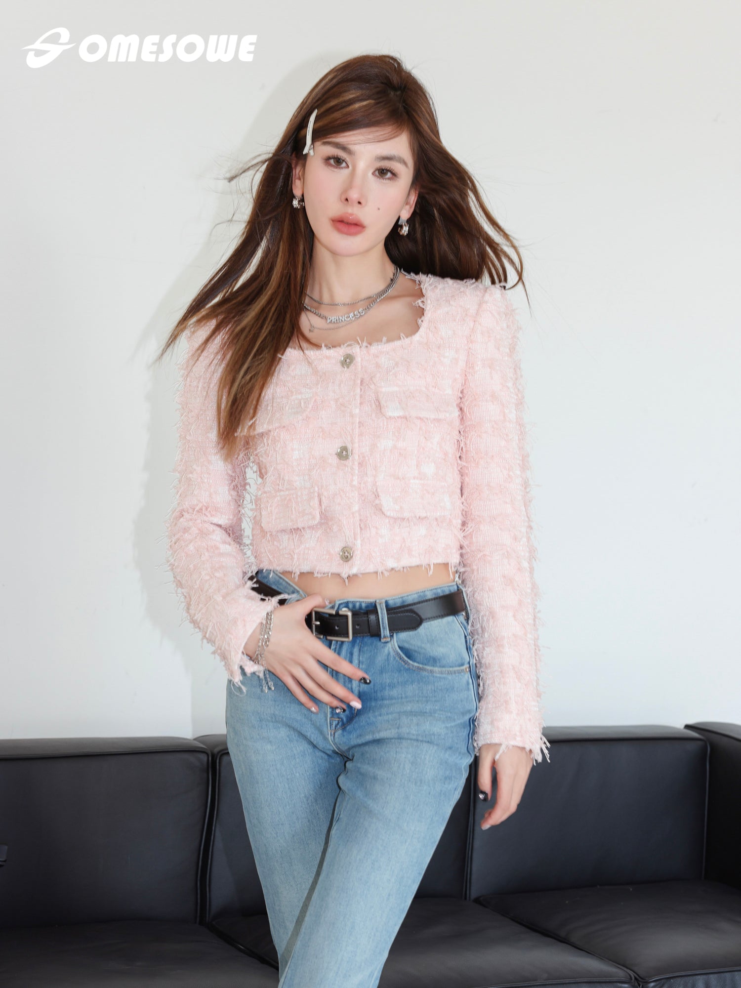 Pink Square Collar Woven Jacket