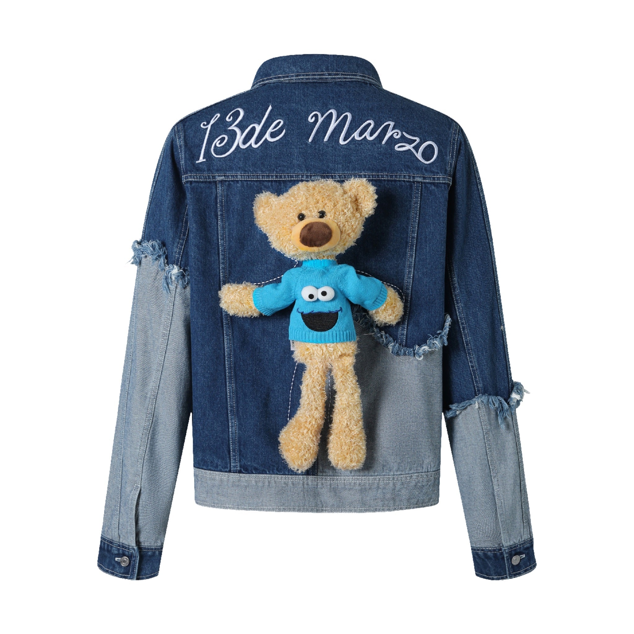 13 DE MARZO 13DE MARZO x SESAME STREET Cookie Monster Bear Patchwork Denim Jacket Classic Blue | MADA IN CHINA