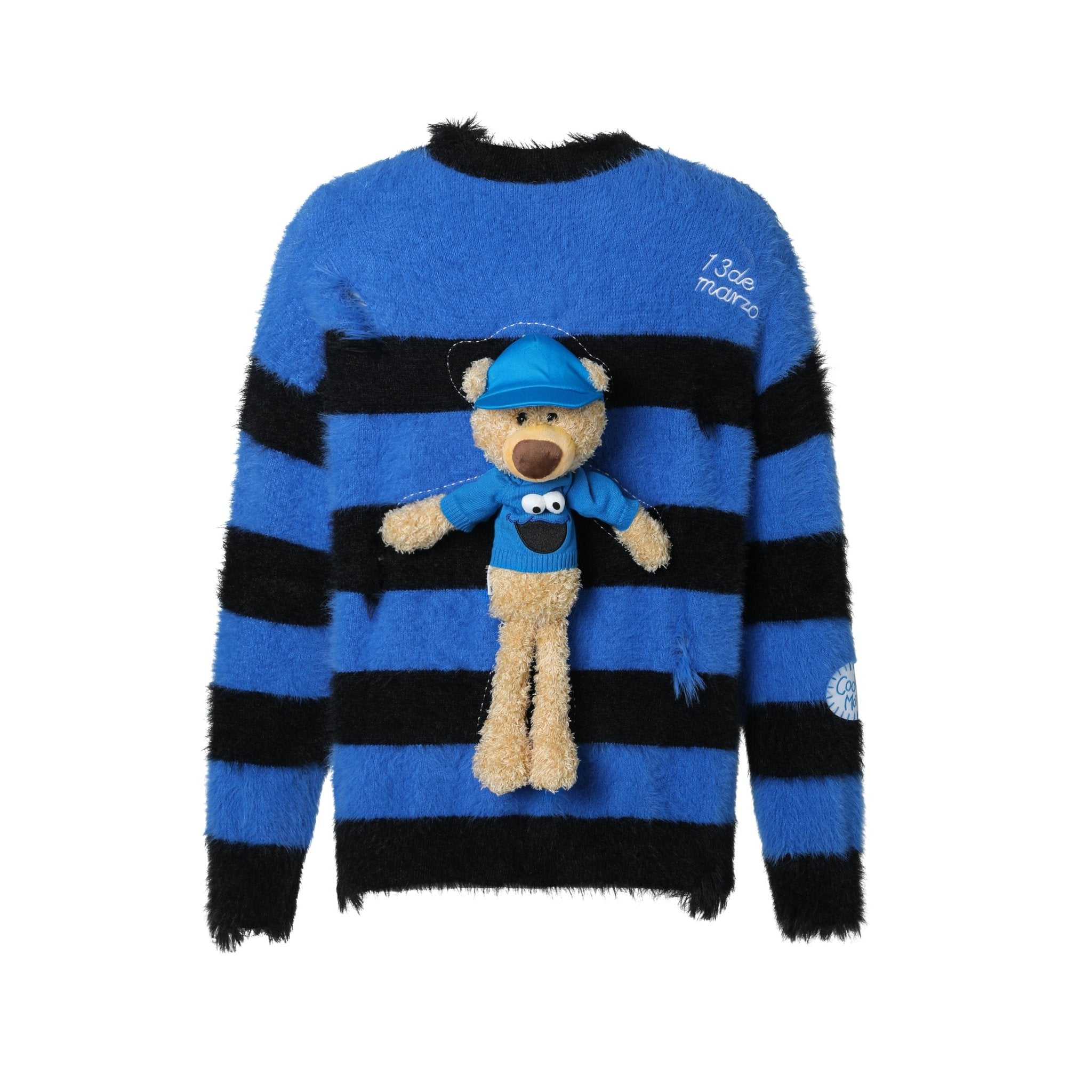 13 DE MARZO 13DE MARZO x Sesame Street Elmo Bear Faux Mink Blue Striped Sweater | MADA IN CHINA