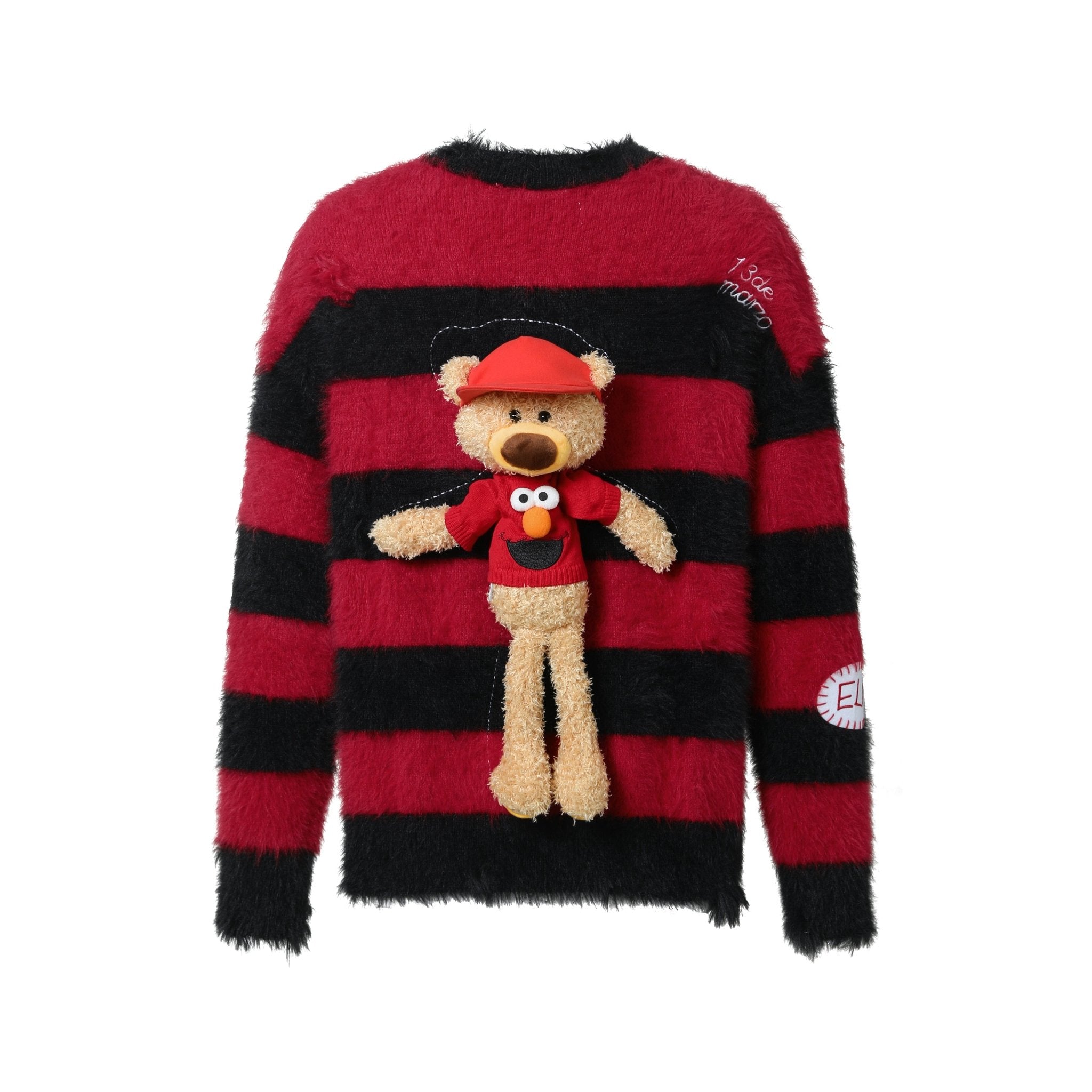 13 DE MARZO 13DE MARZO x Sesame Street Elmo Bear Faux Mink Red Striped Sweater | MADA IN CHINA