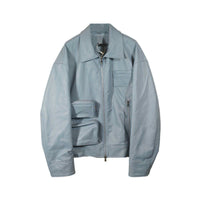 Blue Pocket Leather Jacket