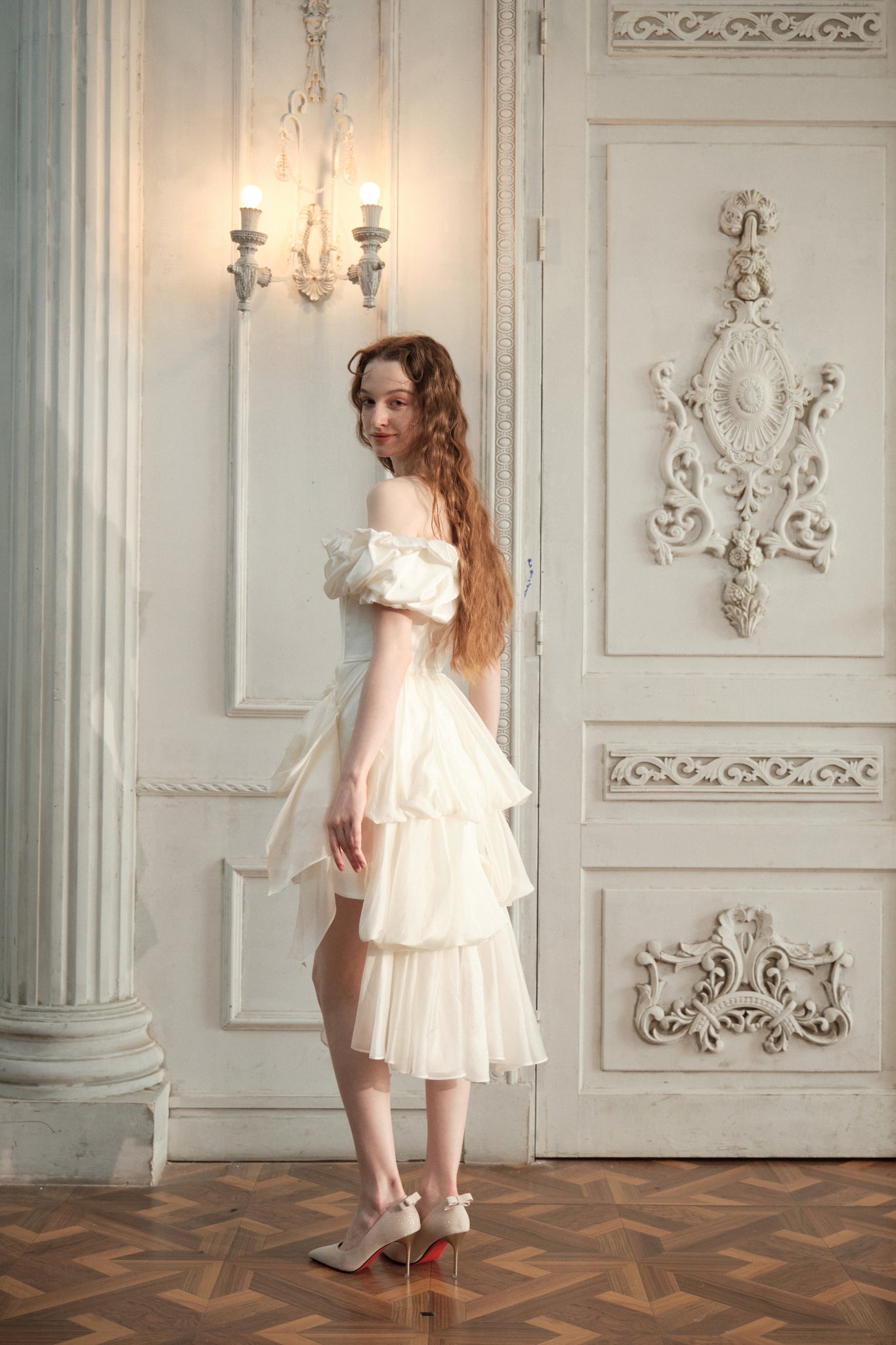 Beige Floral Bandeau Princess Dress With Gauze