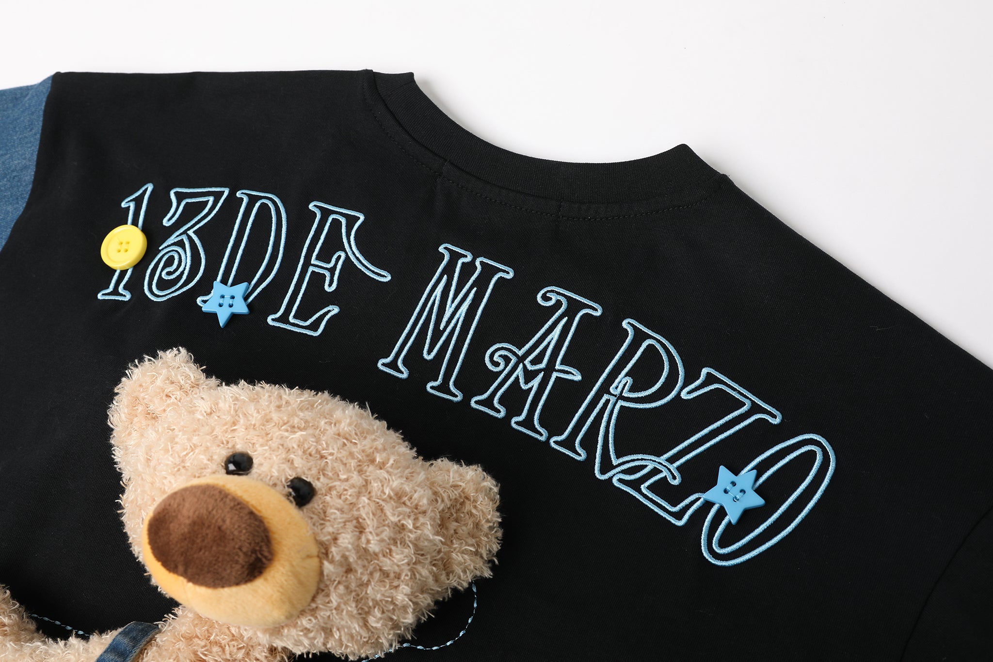 Black Parda Bear Denim Patchwork T-shirt