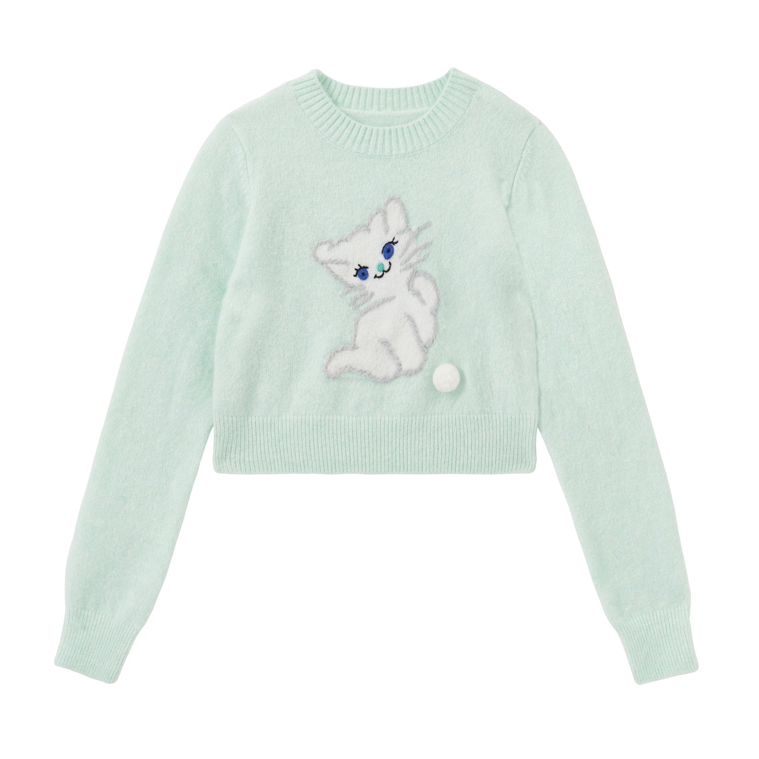 SOMESOWE Aqua Green Knit Shirt With Kitty Embroidery | MADA IN CHINA