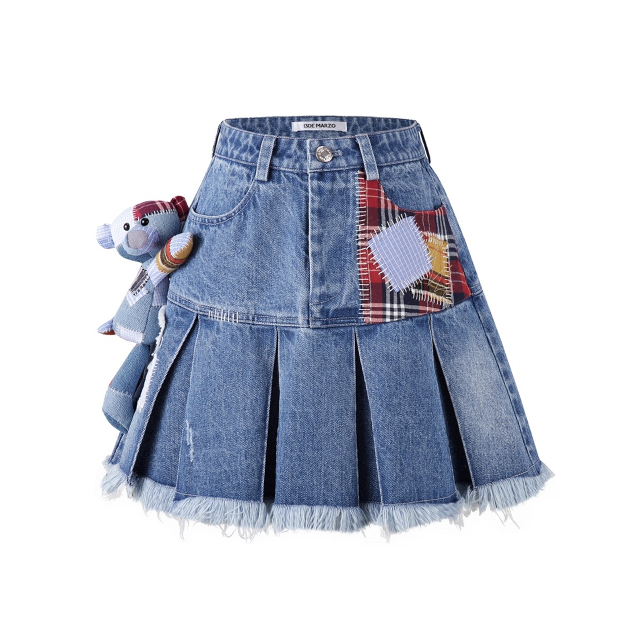 13DE MARZO Bear Patch Suture Denim Skirt Washed Blue | MADA IN CHINA