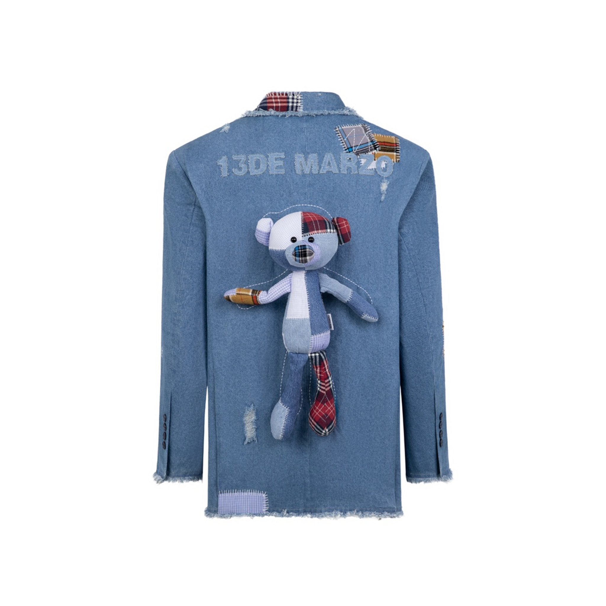 13DE MARZO Bear Patch Suture Denim Suit Washed Blue | MADA IN CHINA