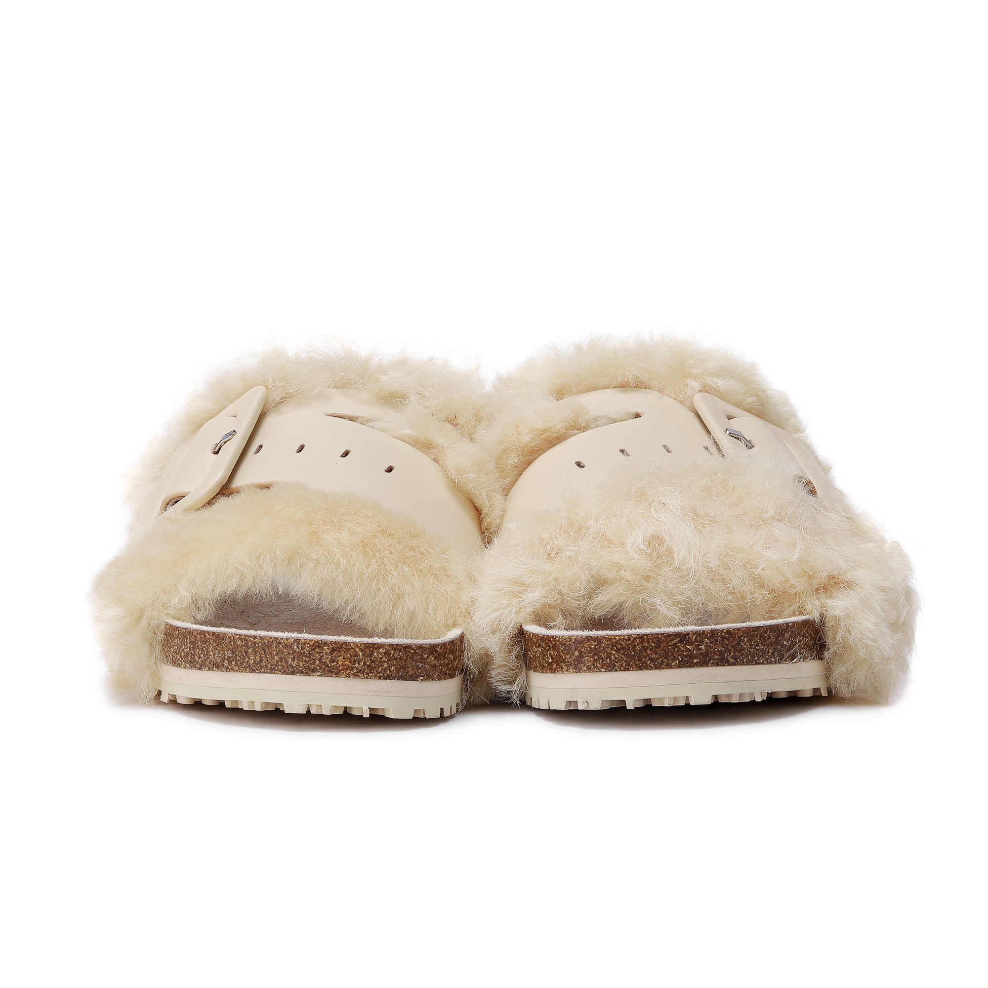LOST IN ECHO Beige Buckle Decoration Furry Slippers | MADA IN CHINA