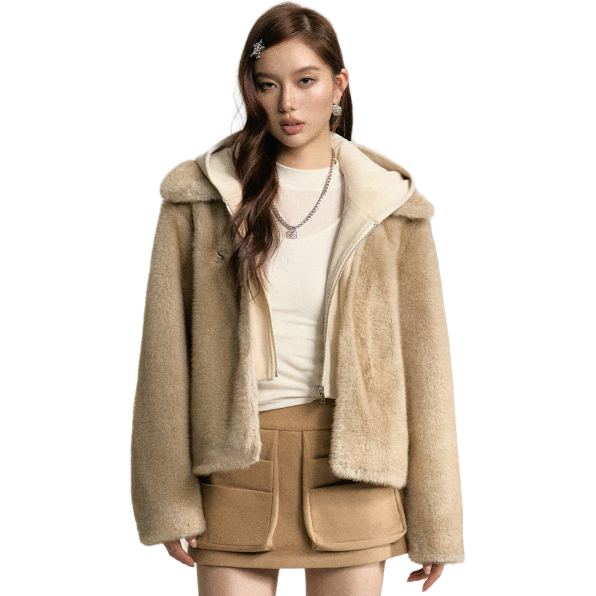 SOMESOWE Beige Faux Fur Two Piece Coat | MADA IN CHINA