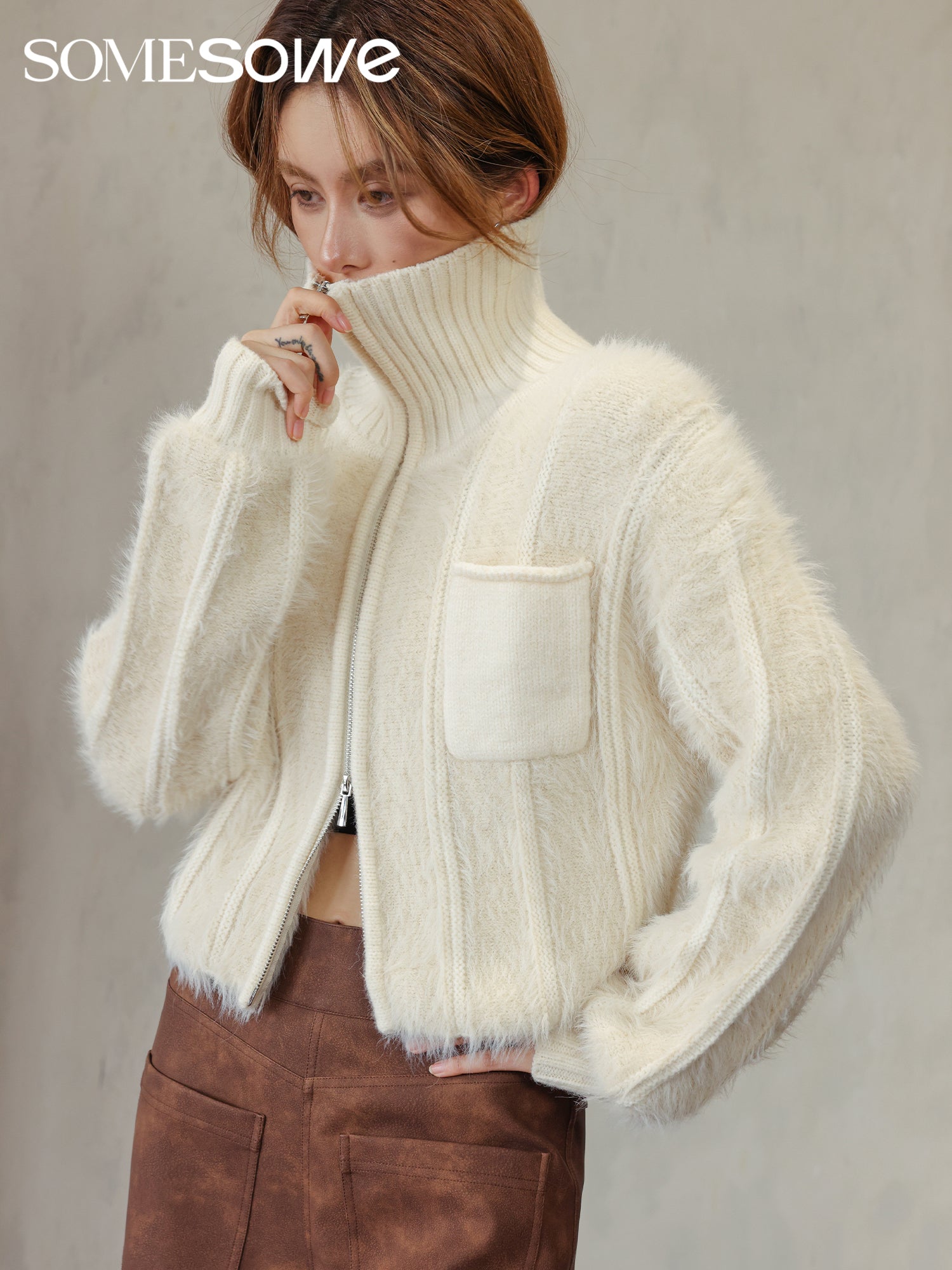 SOMESOWE Beige Faux Fur Zipper Cardigan | MADA IN CHINA