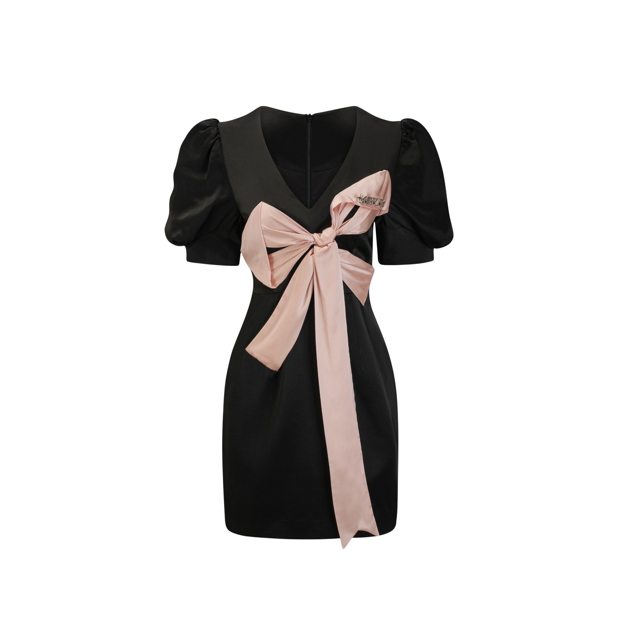 ARTE PURA Black Acetate Dress With Pink Bow Tie In Front | MADA IN CHINA