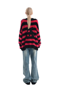 ANN ANDELMAN Black and Red Striped Wool Cardigan | MADA IN CHINA