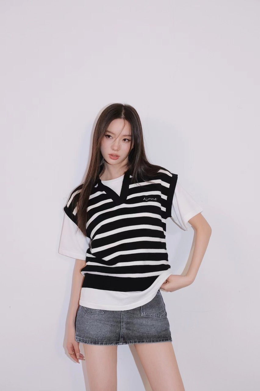 AIMME SPARROW Black and White Striped Vest White Short-Sleeved Two-Piece Suit | MADA IN CHINA