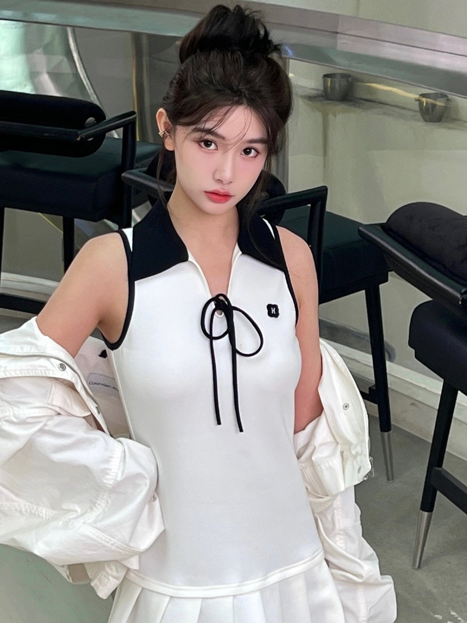 HERLIAN Black And White Vest Pleated Short Dress | MADA IN CHINA