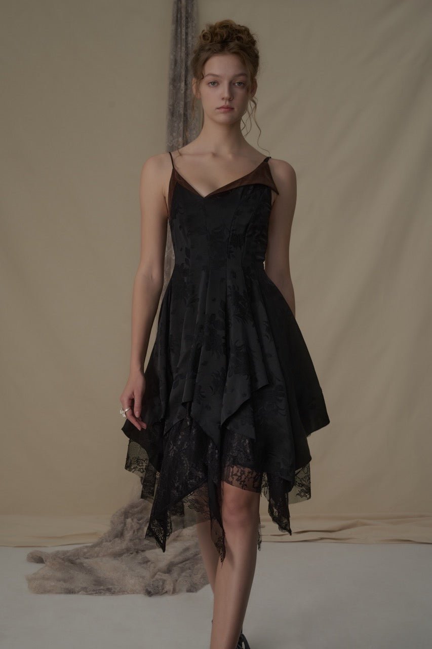 ELYWOOD Black Asymmetric Lace Short Dress | MADA IN CHINA