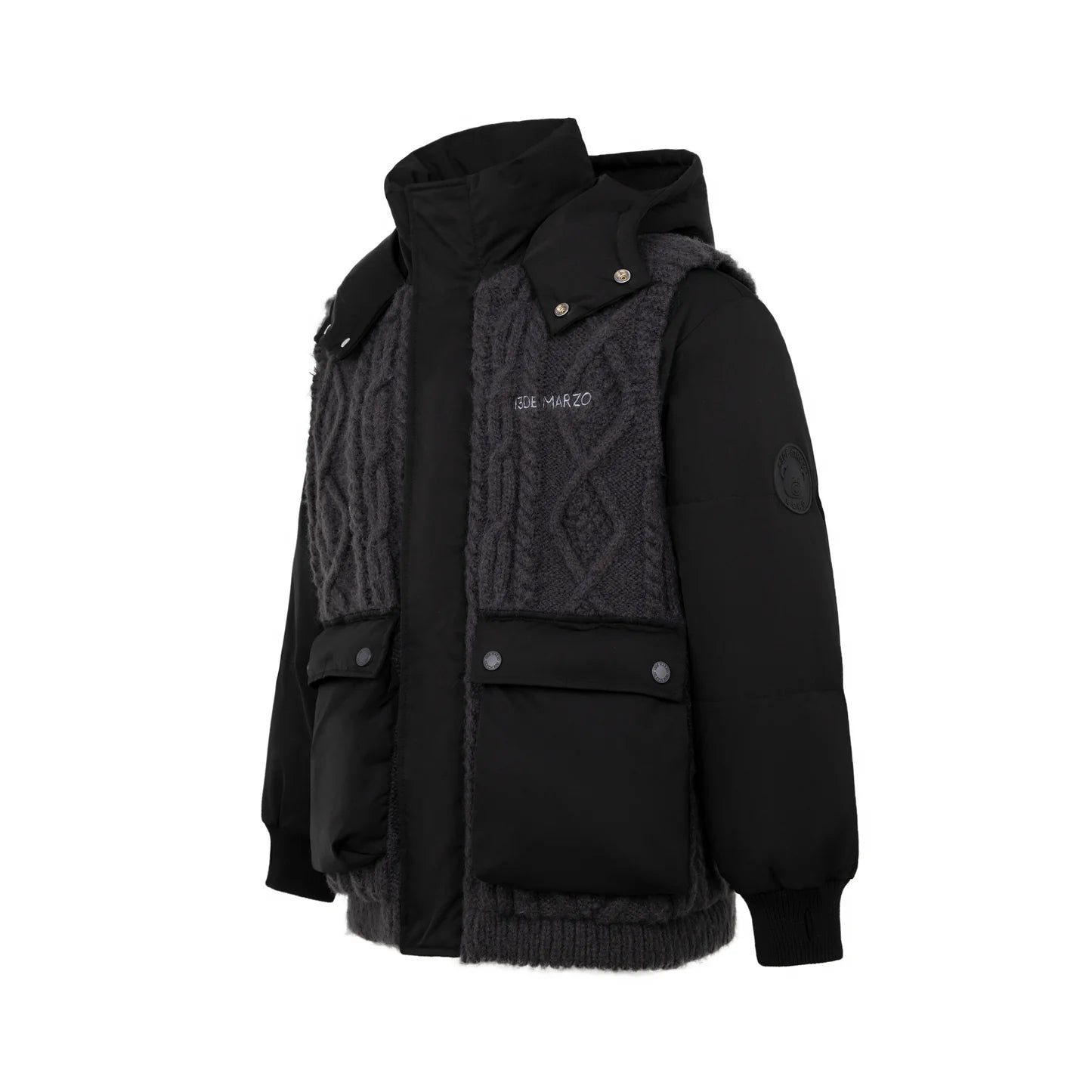 13DE MARZO Black Bear Weave Knit Patch Down Jacket | MADA IN CHINA