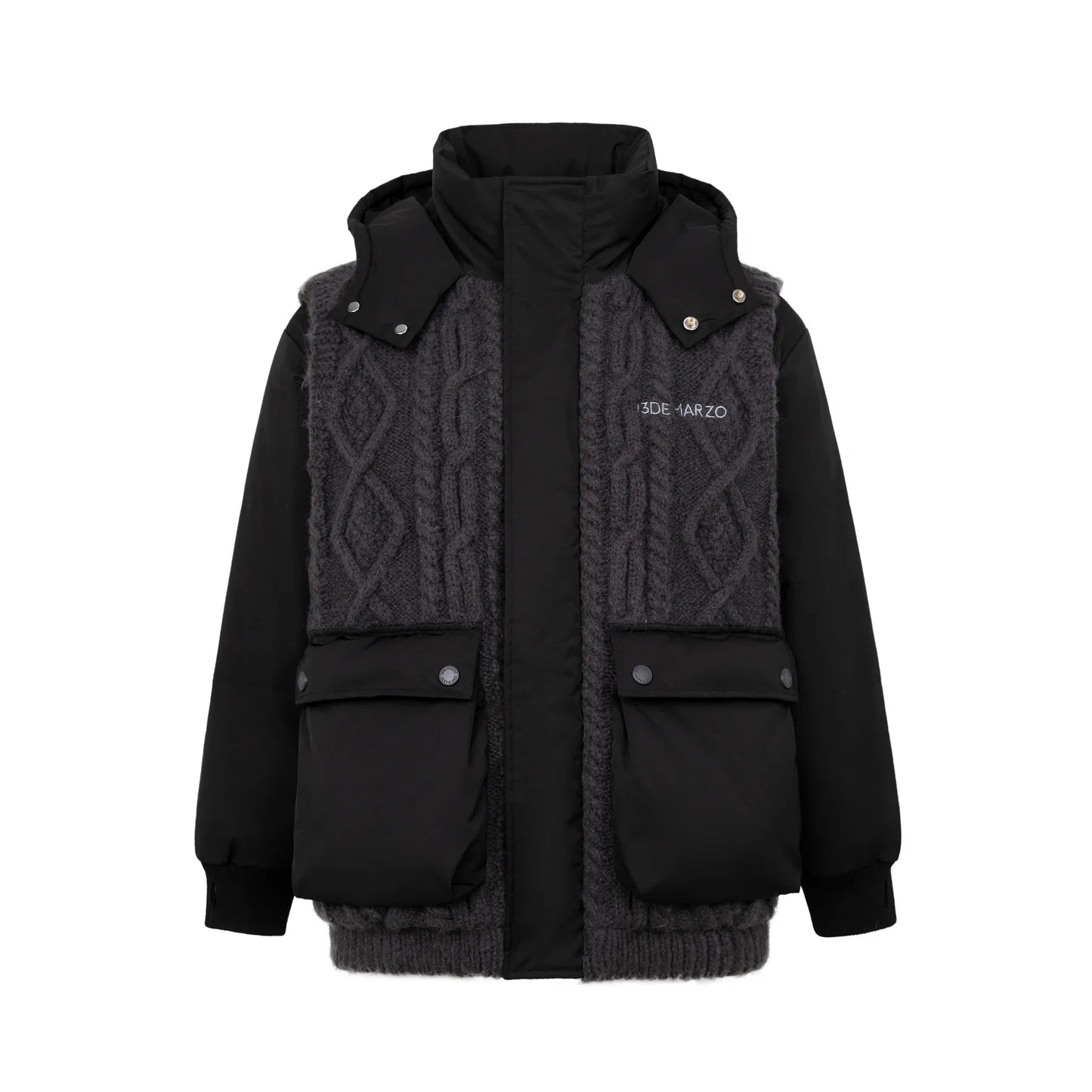 13DE MARZO Black Bear Weave Knit Patch Down Jacket | MADA IN CHINA