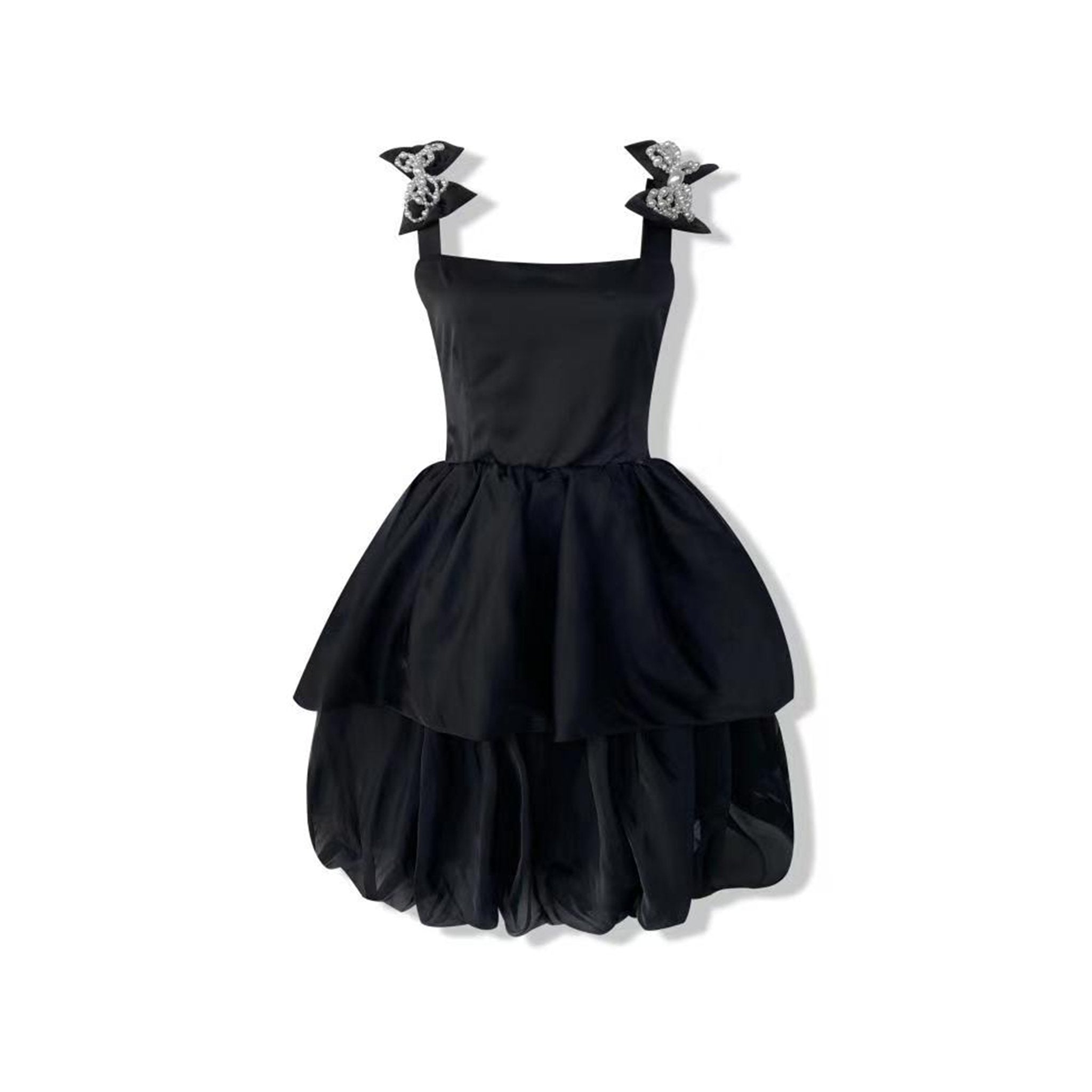Black Bow Strap Puff Slip Dress
