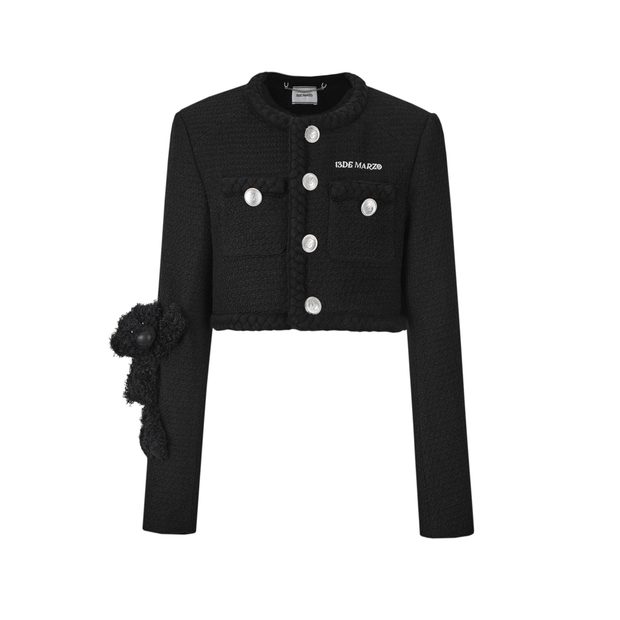 13DE MARZO Black Classic Weave Tweed Short Jacket | MADA IN CHINA