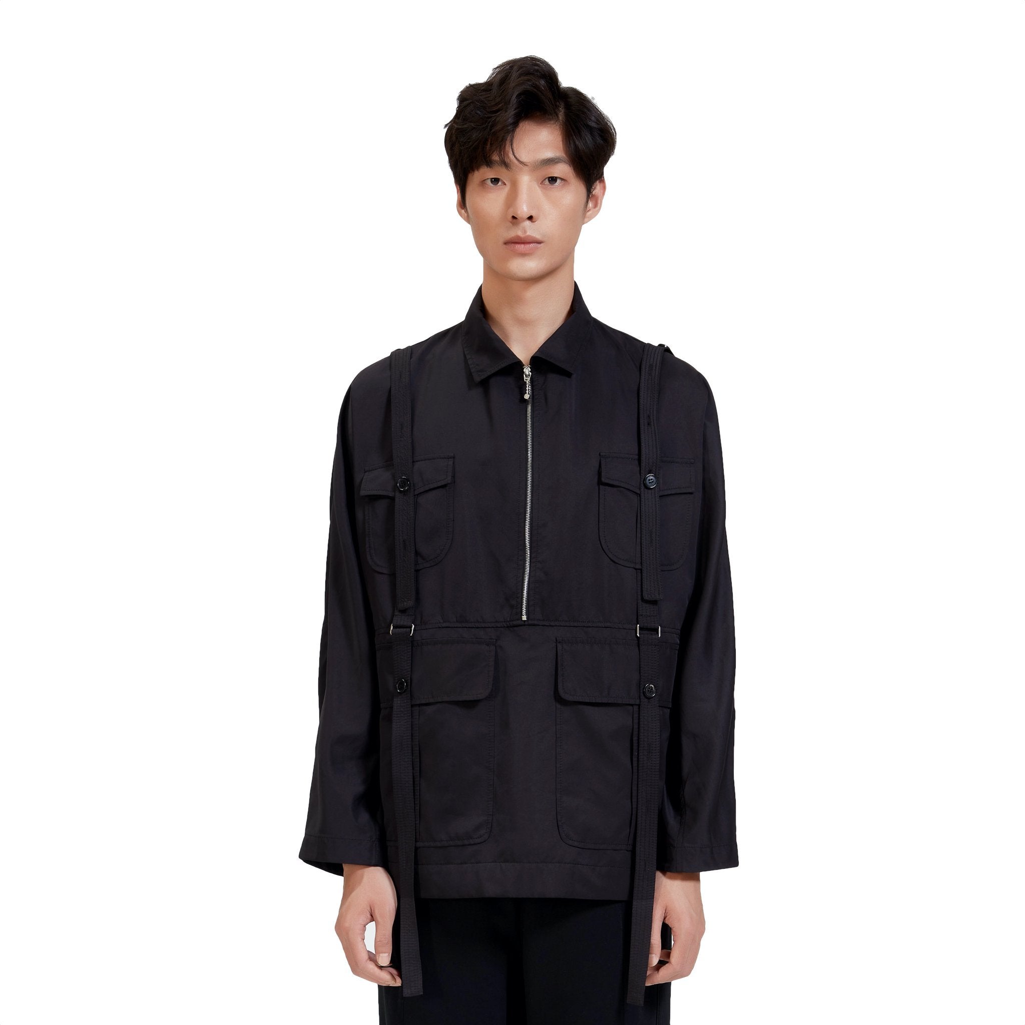 Private Policy Black Cotton Harness Zip-Up Top | MADA IN CHINA