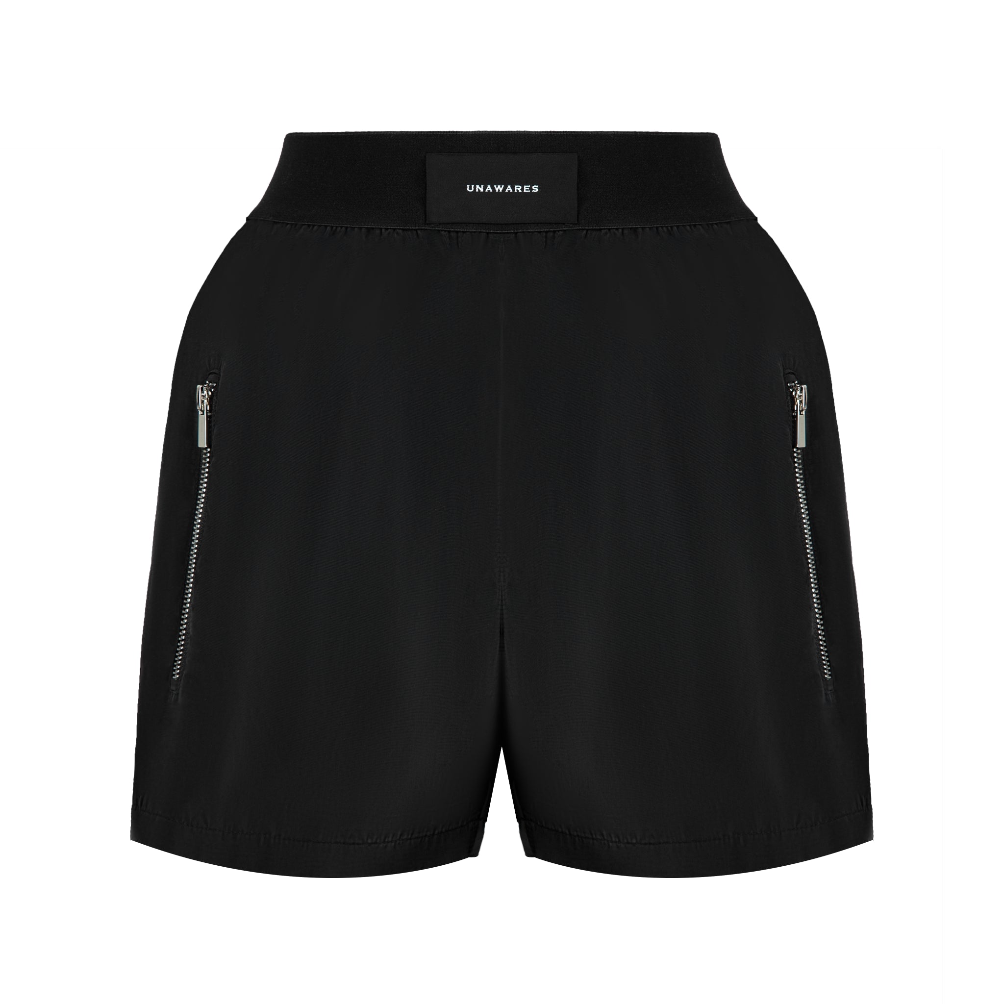 UNAWARES Black Customized Laser Logo Zip Pocket Shorts | MADA IN CHINA