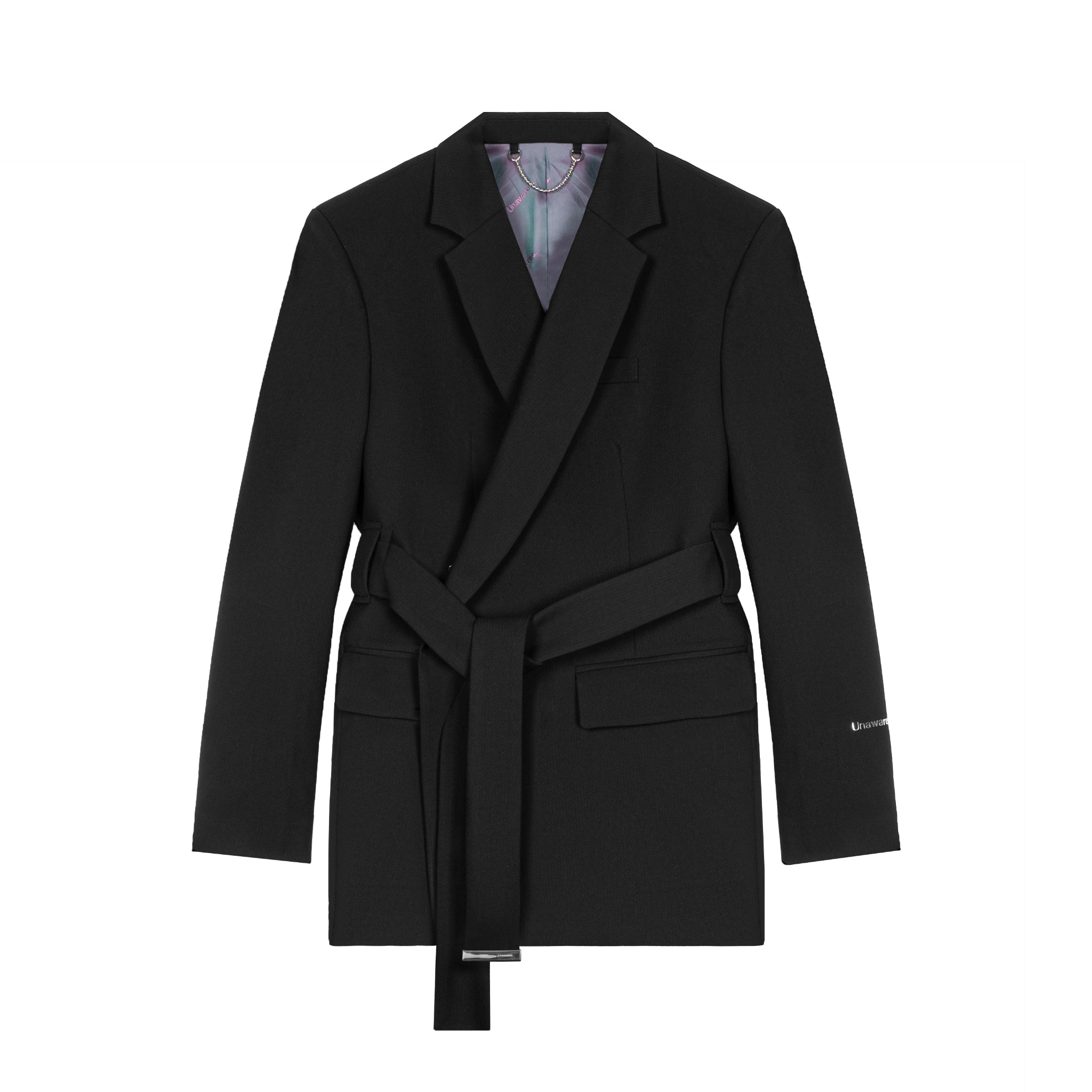 UNAWARES Black Customized Metal Tail Clip Thick Chain Dark Pattern TR Double-Breasted Blazer | MADA IN CHINA