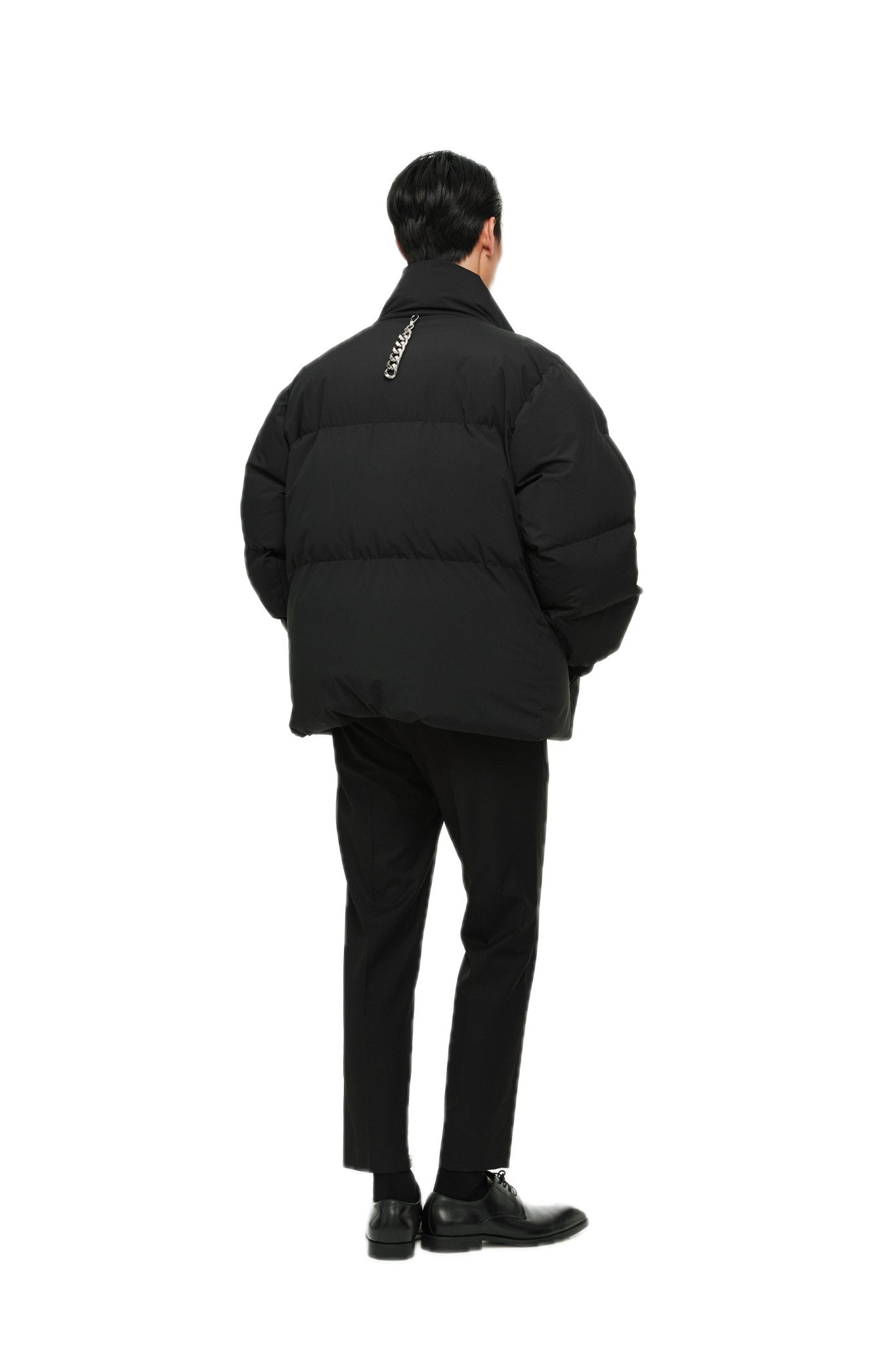 UNAWARES Black Customized Mirror Metal Strip Long short Cotton Jacket | MADA IN CHINA