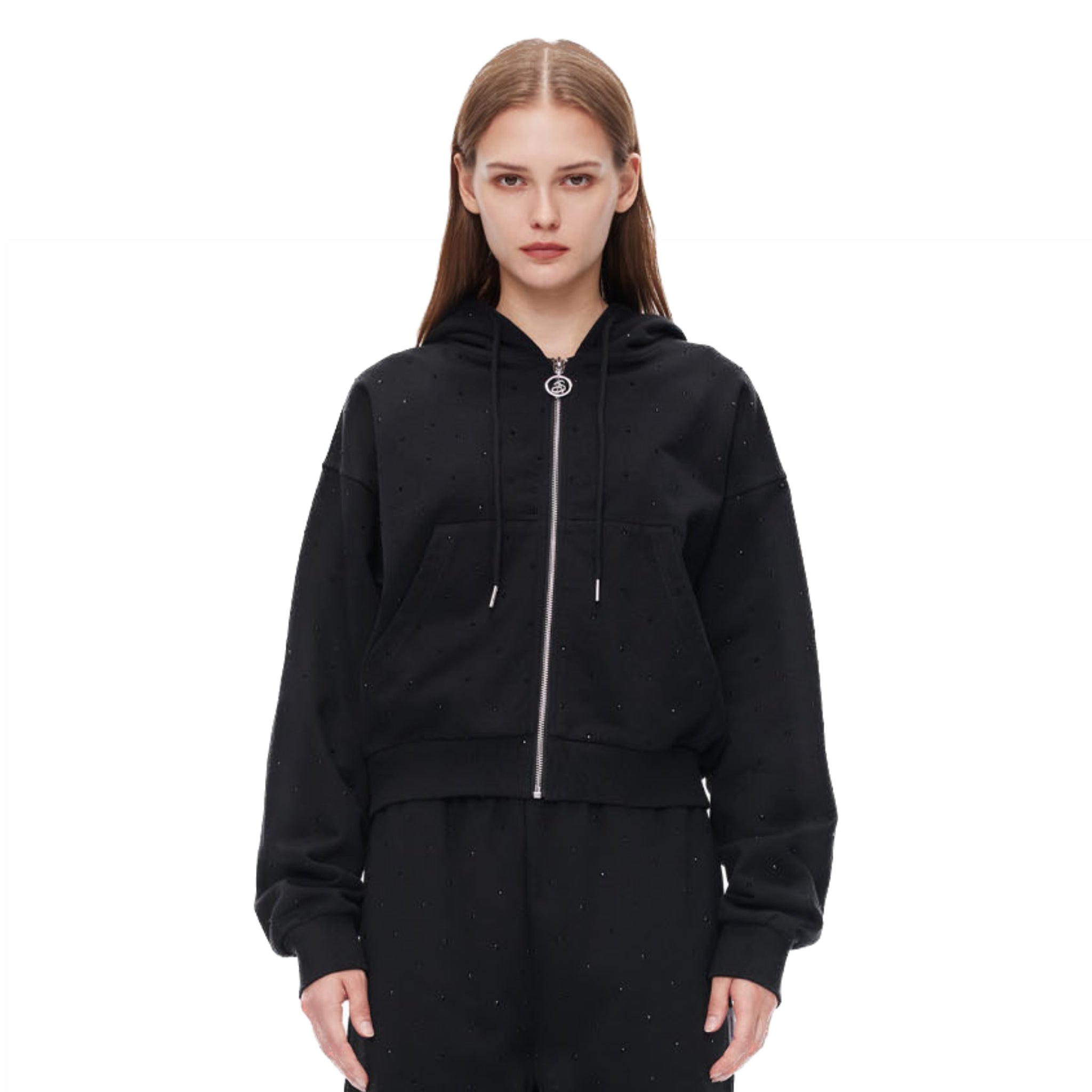 ANN ANDELMAN Black Diamante Embellished Zipper Hoodie | MADA IN CHINA