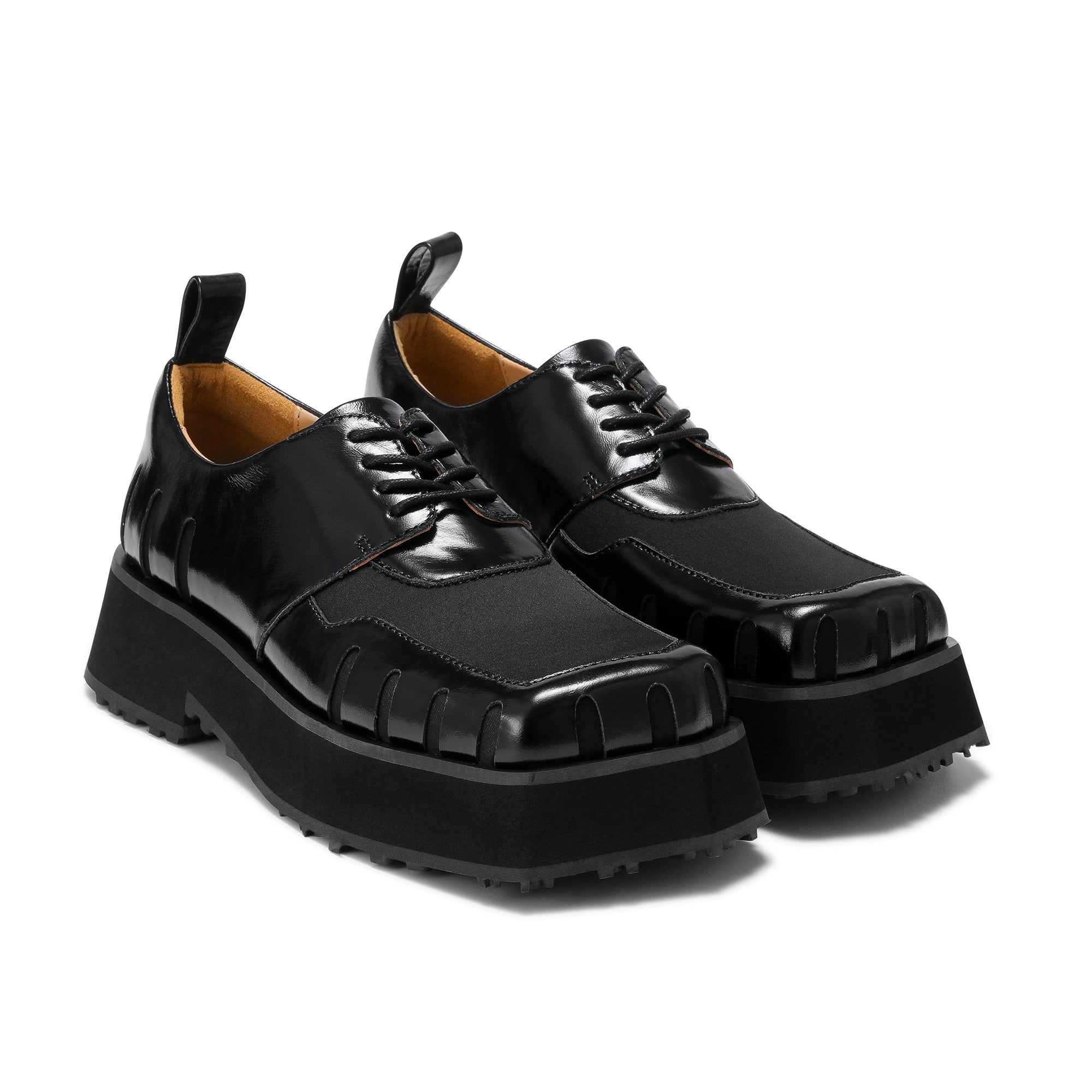 LOST IN ECHO Black Double-layer Square-head Fake Two-piece Derby Shoes | MADA IN CHINA