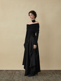 ELYWOOD Black Drape Mid-Length Skirt With Button | MADA IN CHINA