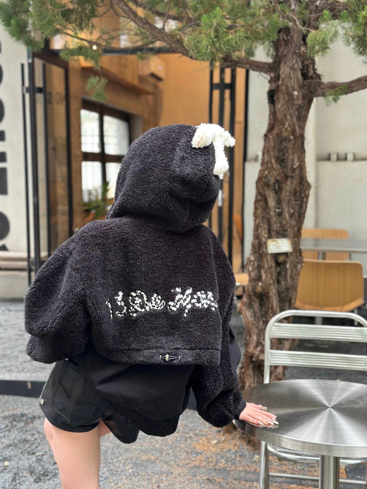 13DE MARZO Black Fake Lamb Fur Patchwork Hoodie | MADA IN CHINA