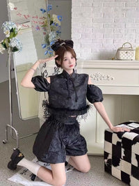 AIMME SPARROW Black Feather Cheongsam Collar Top | MADA IN CHINA
