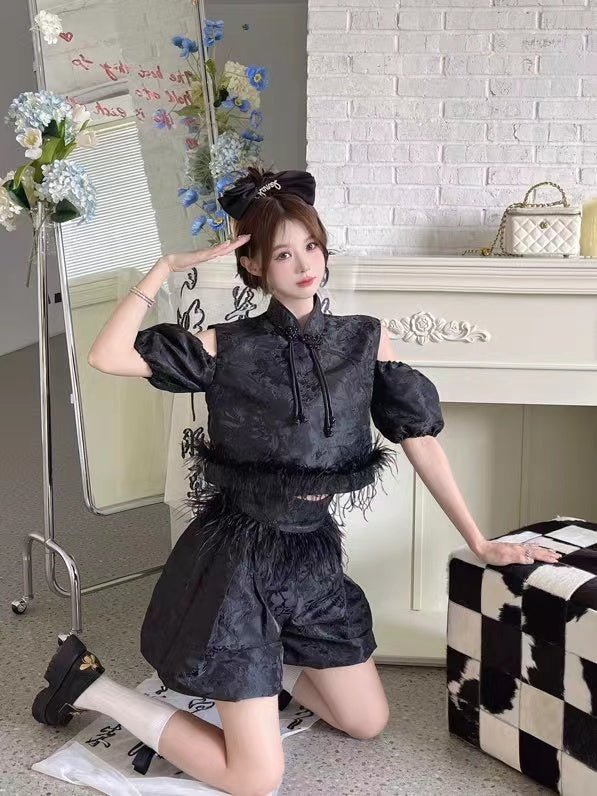 AIMME SPARROW Black Feather Cheongsam Collar Top | MADA IN CHINA