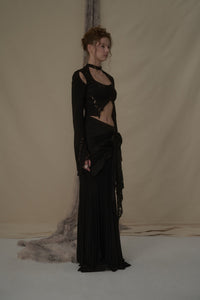 ELYWOOD Black Floral Split Draped Mid-Length Skirt | MADA IN CHINA
